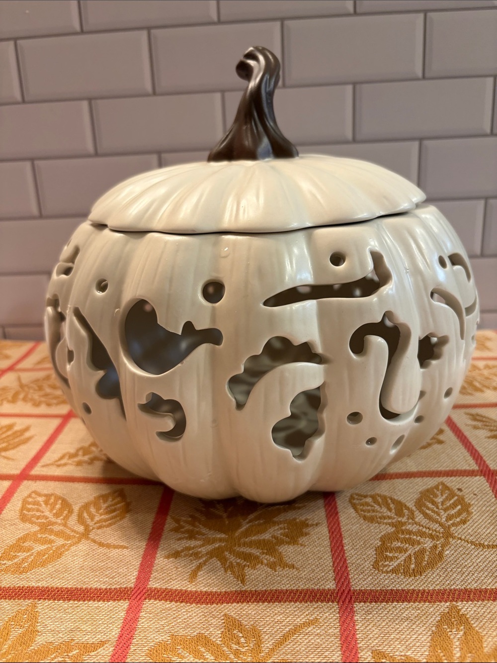 White Ceramic Pumpkin Lantern with Bronze Stem Accent